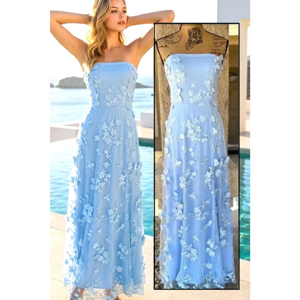 Lulus Strapless Powder Blue 3D Floral Embroidered Rare Presence Maxi Dres Size S